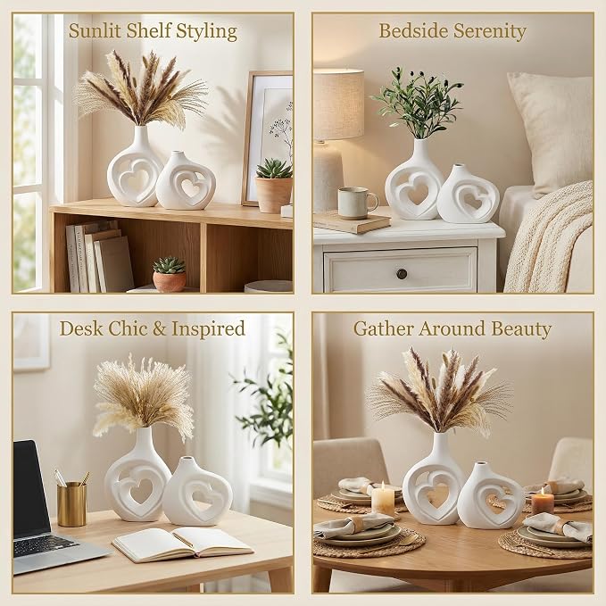 White Heart Shaped Hollow Ceramic Vase Set of 2 | Modern Nordic Boho Style, Table Centerpiece Decor, Matte Finish, H 8.5in