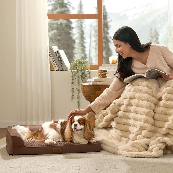 COZY KISS Orthopedic Dog Bed for Large Sized Dogs, L Shaped 36x27 inch | Non-Slip Bottom Soft Pet Sofa with Washable Removable Waterproof Cover, Egg-Crate Foam Couch with Portable Handle, Brown