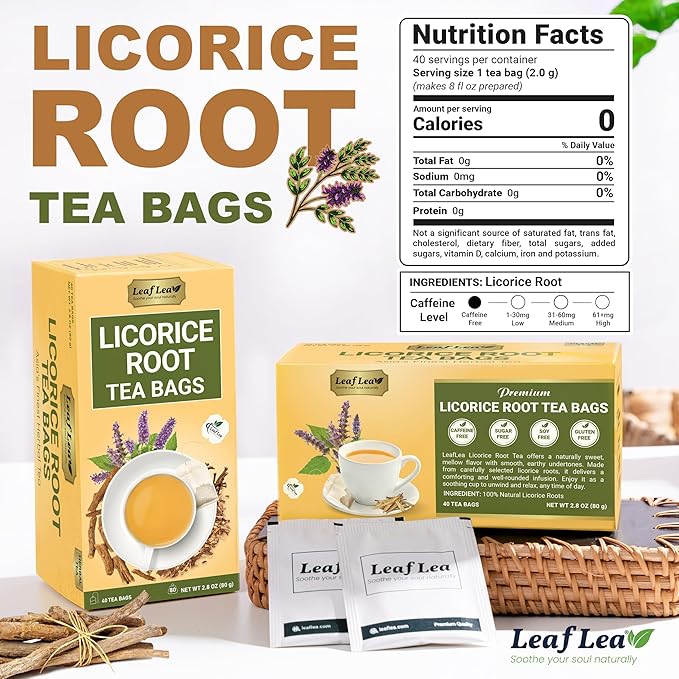 LeafLea Licorice Root Tea Bags, Caffeine-Free Naturally Sweet, 40 Count | Pure Egyptian Licorice Spice, Single Ingredient, Sugar-Free & Vegan, Foil-Wrapped for Lasting Freshness