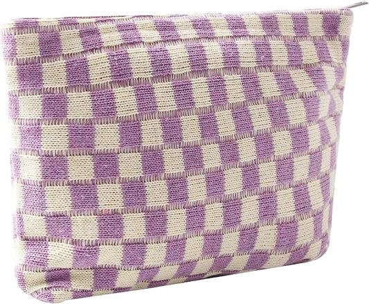 Cosmetic Bags for Women - Corduroy Cosmetic Bag Aesthetic Women Handbags Purses Smile Dots Makeup Organizer Storage Makeup Bag Girls Case Bags (Q-Checkered purple)