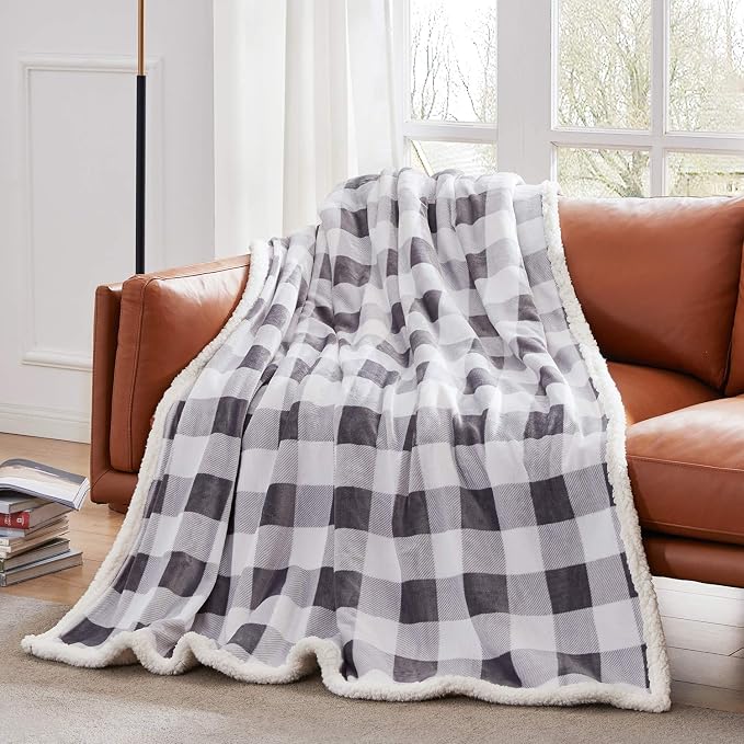 Sherpa Plaid Twin Blanket 60" X 70", Fuzzy Fluffy Soft Cozy Throw Blanket, Twin Size Plush Fleece Flannel Plush Microfiber Blanket for Couch Bed Sofa (Grey)