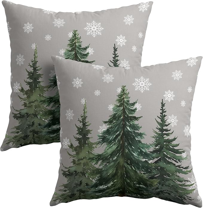 Kawani Winter Tree Throw Pillow Covers 16x16 Inches, Set of 2 Xmas Seasonal Snowflakes Forest Grey Cotton Linen Square Pillowcase for Chair Couch Sofa Bedroom Living Room Home Decor