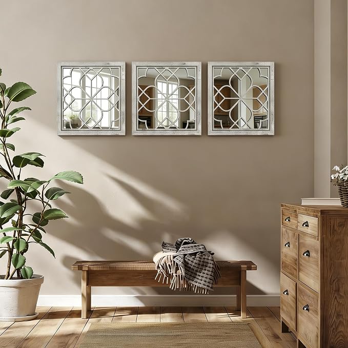 Set of 2 18 Inch Large Square Grey Window Pane Wall Mirrors, Shatterproof Rustic Farmhouse Boho Vintage Accent Mirrors for Living Room, Bedroom, Bathroom, Entryway & Home Decor