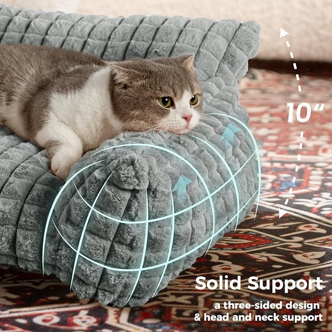 Cat Couch Bed with Fluffy Faux Rabbit Fur for Indoor Cats, 36 Inch | Cute Fuzzy Cat Sofa Recliner With Washable Cover, Suppportive Cozy Pets Couch in 3D Diamond Pattern, Grey