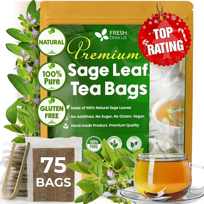 FreshDrinkUS, 75 Sage Leaf Tea Bags, 100% Natural & Pure from Sage Leaves. Loose Leaf Sage Herbal Tea. Sage Leaf Tea. Made with Natural Material Tea Bags. No Sugar, No Caffeine, No Gluten, Vegan.