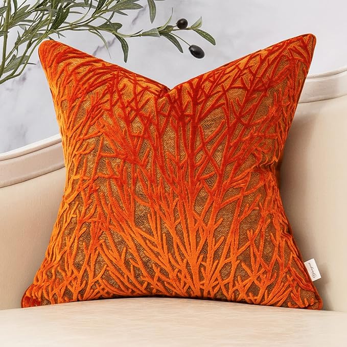 Burnt Orange Twigs Throw Pillow Cover Branches Velvet Cushion Case Neutral Pillowcase for Sofa Couch Bedroom Living Room Home Decor,18x18 Inch