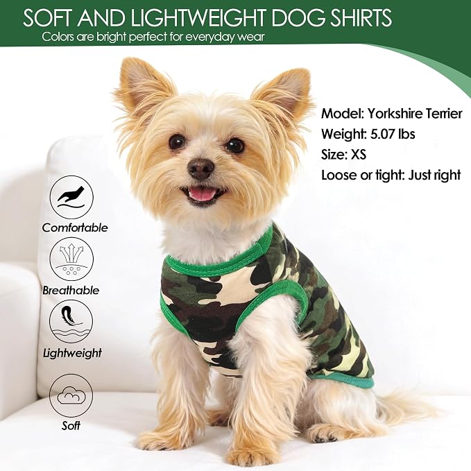 2 Pack Dog Shirts for Small Dogs Girl Boy Camouflage Puppy Clothes Pet T Shirts Dog Clothes for Small Dogs Cats Apparel (Green Camouflage + Solid Color, Small)