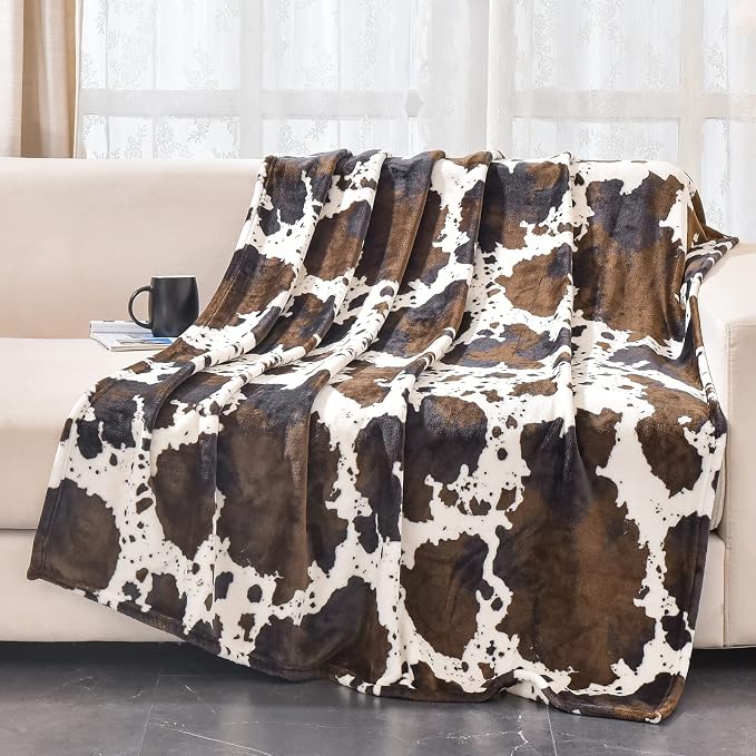 Bnuitland Brown Cow Print Flannel Throw Blanket (60x80 Inches), 300 GSM Double Sided Twin Size Bed Fleece Blanket, Super Soft Cozy Outdoor Lap Throw, Lightweight Fuzzy Home Decor