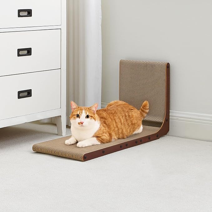 EHEYCIGA Cardboard Cat Scratcher for Indoor Cats, 19 Inch, Dark Brown | L Shaped Scratching Post, Vertical Cat Scratching Board with Ball Cat Toy, Furniture Protector, Kitten Cat Scratch Pad