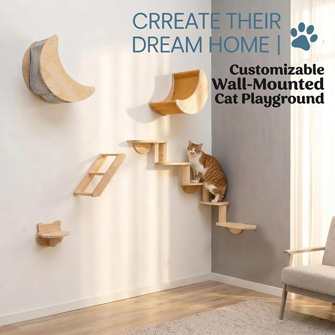 Cat Wall Shelves Set,Solid Wood Moon Bed,Perch & Stair for Climb and Rest | 3-in-1 Wall-Mounted Cat Furniture;16-Inch Stud Wall;Hold Up to 40 lb;Wall & Corner Setup;Vertical Territory & Active Exercise