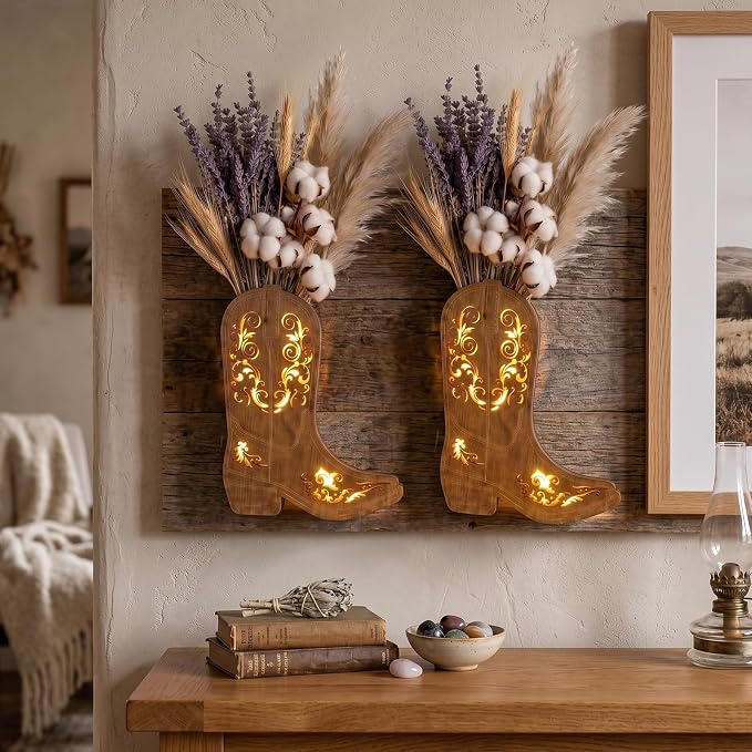 1 Pair/2 Pcs Western Wall Decor with Lights Wood Cowboy Boots Wall Planter for Indoor 12x10 Boots Hanging Vase for Faux Flower Rustic Modern Sconce for Living Room Bathroom Bedroom Office