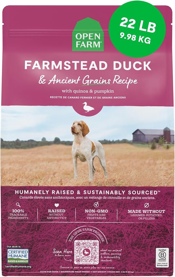 Open Farm Ancient Grains Dry Dog Food, Farmstead Duck Kibble, 22lb Bag | All Life Stages, All Breed Sizes, Protein-Rich & Nutrient Dense, 100% Traceable Ingredients, Non-GMO Fruits & Veggies.