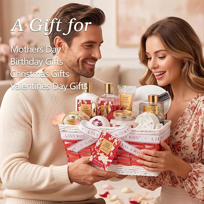 17Pcs Mothers Day Gift Basket, Gifts for Women - Rose Bath and Body Spa Gift Basket for Women, Skin Care Set for Women | Relaxing Care Kit for Christmas, Birthday, Valentines Day, Anniversary Gifts