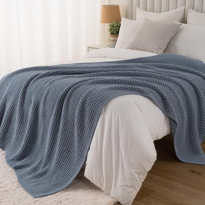 Blue Grey Throw Blanket for Couch, Waffle Knitted Throw Blanket 50"x60" | Chunky Chenille Throw Blanket, Soft Blue Throw Blanket for Home Decor, Sofa, Modern Farmhouse Knit Style