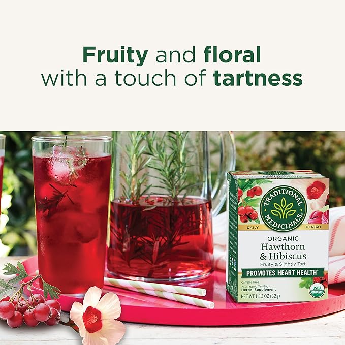 Traditional Medicinals Tea, Organic Hawthorn & Hibiscus - Promotes Heart Health - Kosher, Non-GMO, Caffeine-Free - 16 Tea Bags (Pack of 2)