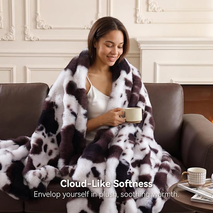 Faux Rabbit Fur Throw for Couch - Cow Brown Bubble Blanket 60"x80" | Fluffy Plush Fuzzy Throw for Sofa & Bed, Super Soft Cozy Comfrt Blanket, Luxury Aesthetic Cow Print Decor Gift for Women
