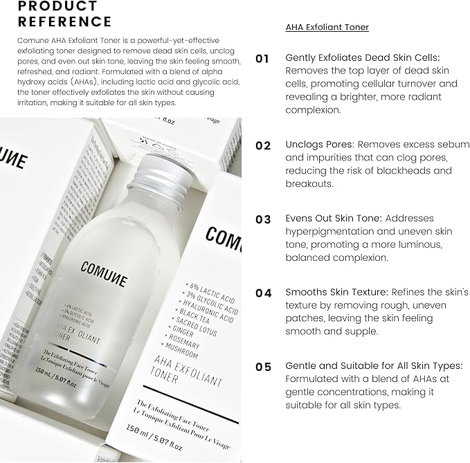 COMUNE AHA Exfoliant Toner - Leave-On Liquid Exfoliant 6% Lactic Acid, 3% Glycolic Acid + Hyaluronic Acid | Gently Exfoliates Dead Cells, Unclogs Pores & Smooths While Hydrating | 150 mL / 5.07 fl.oz