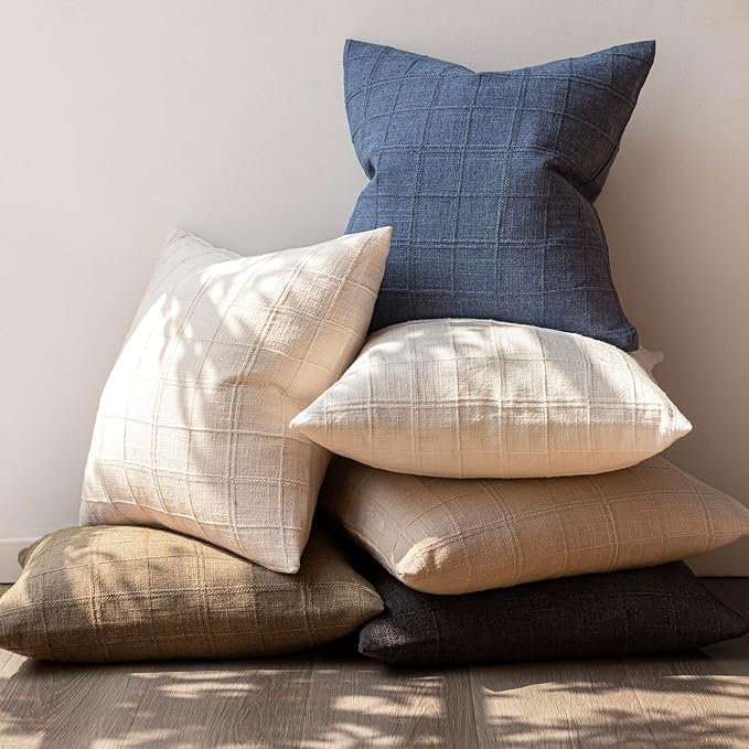 Foindtower Set of 2 Decorative Linen Check Throw Pillow Covers Neutral Farmhouse Lumbar Cushion Covers Modern Boho Home Decor for Sofa Chair Couch Bedroom Living Room,12×20 Inch,Charcoal