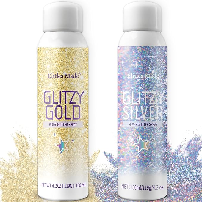 Hair Glitter, 2PCS Body Glitter Spray Glitter Hairspray for Kids Women, Long-Lasting Quick-Drying Holographic Glitter Spray for Hair and 8.4 Fl OZ (Holo Silver+ Gold)