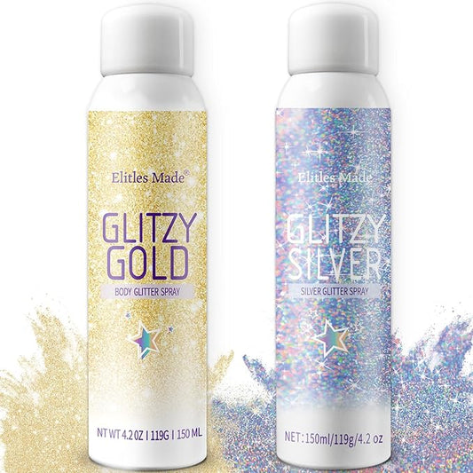 Hair Glitter, 2PCS Body Glitter Spray Glitter Hairspray for Kids Women, Long-Lasting Quick-Drying Holographic Glitter Spray for Hair and 8.4 Fl OZ (Holo Silver+ Gold)