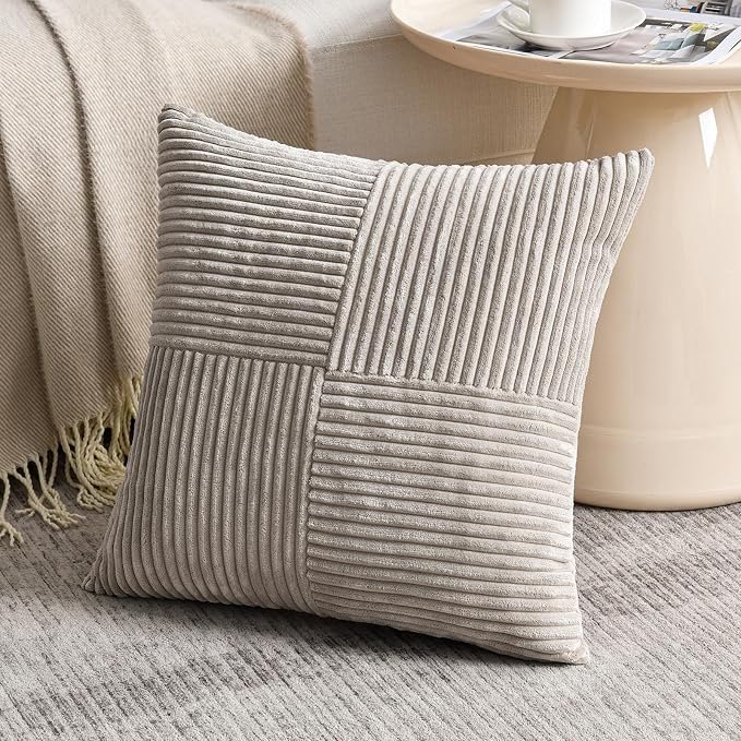 Fancy Homi Neutral Taupe Big Decorative Throw Pillow Covers 24x24 Inch for Couch Bed Sofa, Rustic Farmhouse Boho Home Decor, Soft Corss Corduroy Patchwork Accent Square Cushion Case 60x60 cm