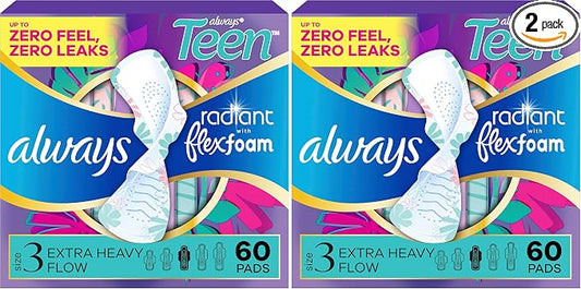 Always Radiant Teen Pads, Size 3, Extra Heavy, with Wings, Unscented,60 Count (Pack of 2)
