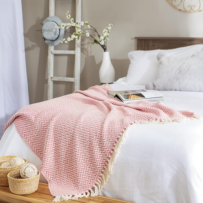 DII Modern Zig Zag Throw Blanket Woven Cotton, Hand-Knotted 2.5" Fringe, 50x60, Blush Pink