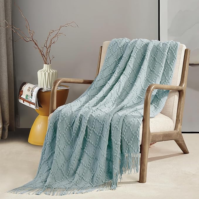 BOURINA Auqa Throw Blanket 50 x70 Inch Jacquard Throw Knitted Blanket | Jacquard Argyle Throw Textured Solid Soft Throws and Blankets for Sofa or Bed Knitted Decorative Blanket