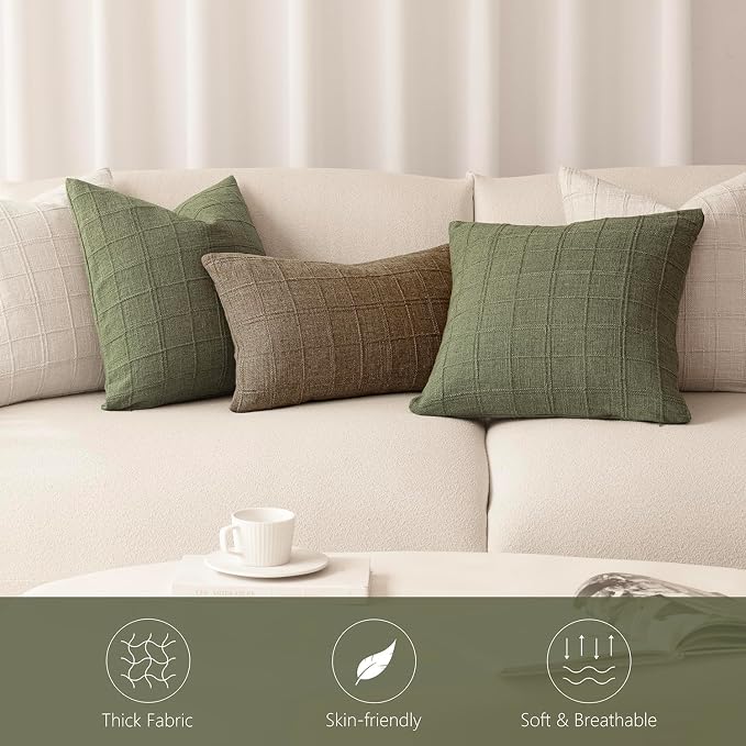 Foindtower Set of 2 Decorative Linen Check Throw Pillow Covers Neutral Farmhouse Vintage Cushion Covers Modern Boho Home Decor for Sofa Chair Couch Bedroom Living Room,22×22 Inch,Sage Green