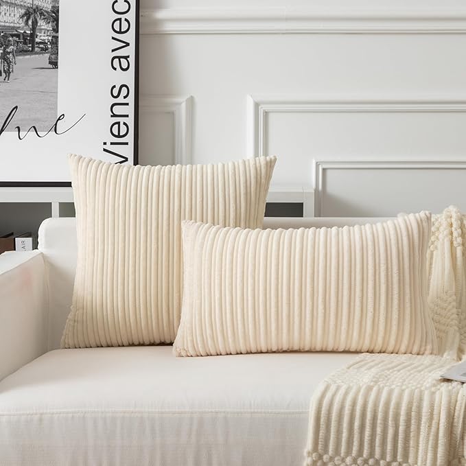UGASA 14x24 Inch Pillow Cover Pack of 1 Soft Boho Stripe Corduroy Long Rectangular Lumbar Cushion Cover Farmhouse Decorative Throw Pillowcase for Bed, Couch, Sofa, Bedroom, Living Room, Cream