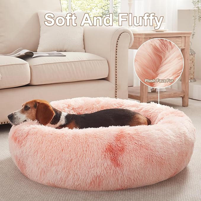 33 in Faux Fur Donut Dog Bed for Medium Plus Dogs,Tie-dye Pink | Calming Plush Round Fluffy Pet Bed with Removable & Washable Cover,Fits up to 65 lbs Pets