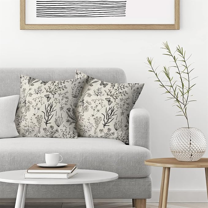 AEIOAE Spring Pillow Covers 18x18 Inch Set of 2,Black Gray Wild Flower Plant Throw Pillows Case,Seasonal Floral Outdoor Decorative Square Linen Farmhouse Decor Cushion Covers for Home Sofa Bed Couch
