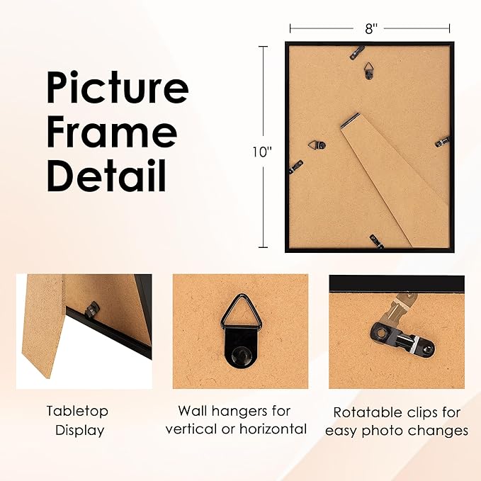 8x10 Picture Frame Set of 6, Black Photo Frames Bulk with HD Plexiglass, Display Pictures 5x7 with Mat or 8x10 Without Mat, Multi Picture Frames Collage for Tabletop or Wall Display