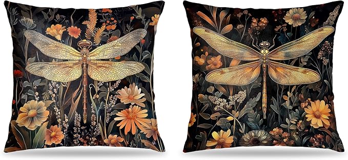 Vintage William Morris Inspired Dragonfly Pillow Covers 18x18, Dark Cottagecore Botanical Wildflower Decorative Throw Pillow Covers for Bedroom Living Room Home, Cottagecore Room Decor