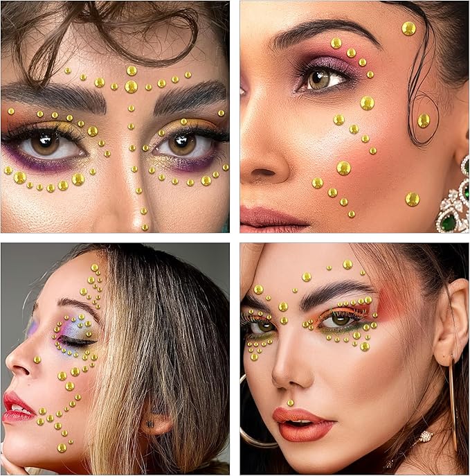591pcs Face Gems Hair Gems Pearls, Self-Adhesive Face Jewels Eye Rhinestones 3/4/5/6/8 mm Face Gem Stick on, Halloween Makeup Gems Rave Accessories for Face Eyes Body Makeup (07.Light Gold)