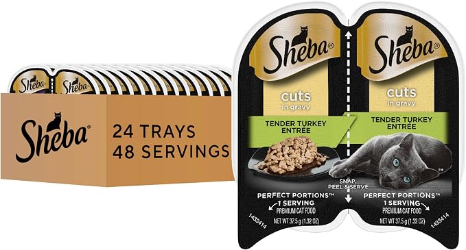 Sheba Perfect Portions Cuts Wet Cat Food, Turkey Entrée, 2.6 oz, 24 ct | Grain-free, Tender Turkey, 48 servings, no fillers or artificial flavors, essential vitamins & minerals, twin-pack trays