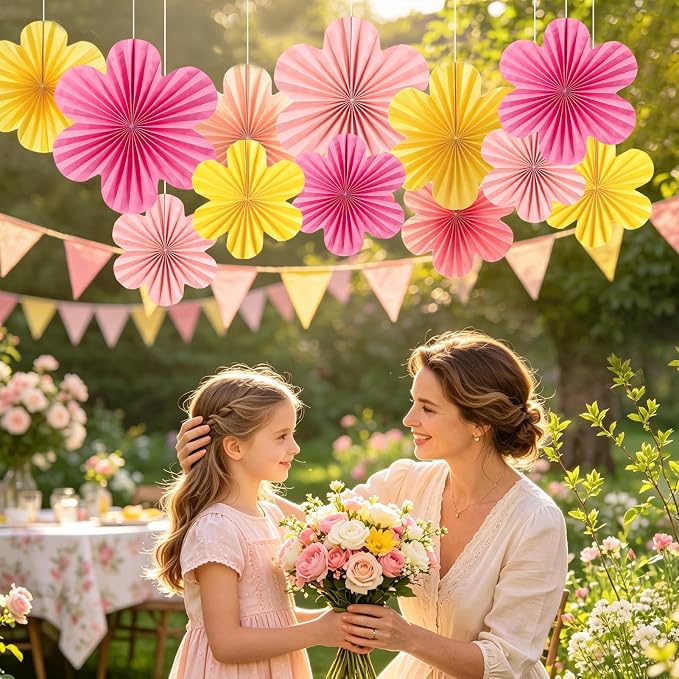 SUNBEAUTY Paper Flowers Decorations for Wall, Paper Flower Fan Classroom Decoration Paper Floral Backdrop Decor Paper Fans Decoration Hanging Paper Fans Pink Yellow Flower Wall Decor
