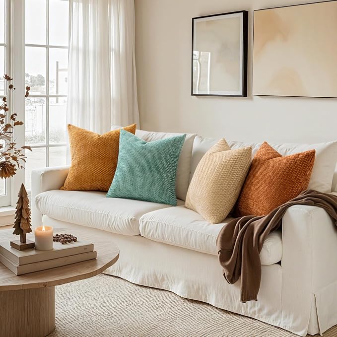 MIULEE Soft Decorative Chenille Fall Pillow Covers Beige Orange Teal 20x20 | Pack of 4，Rustic Home Decor, Retro Vintage Set, Couch Throw Pillows, Farmhouse Boho Cushion Covers for Sofa Bed Living Room