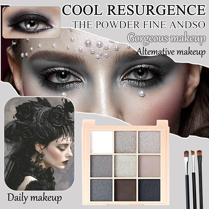 Black Grey Smoky Eyeshadow Palette,15 Colors Matte Shimmer Pigmented Eye Shadow Makeup Palette Set with 3 Eyeshadow Brushes,Glitter Eyeshadow Makeup Palette for Daily Halloween Goth Makeup(F)