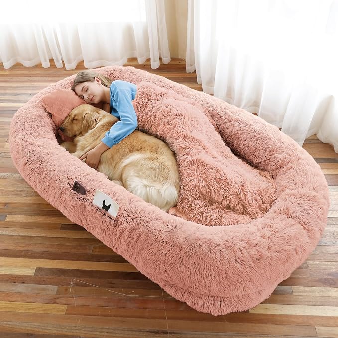 WROS Human Dog Bed for Adult, 71"x45"x12" Giant Calming Nest Beds, Pink | Washable Soft Faux Fur Cover, Orthopedic Foam Support, Non-slip Bottom, Includes Blanket, Strap & Pillow