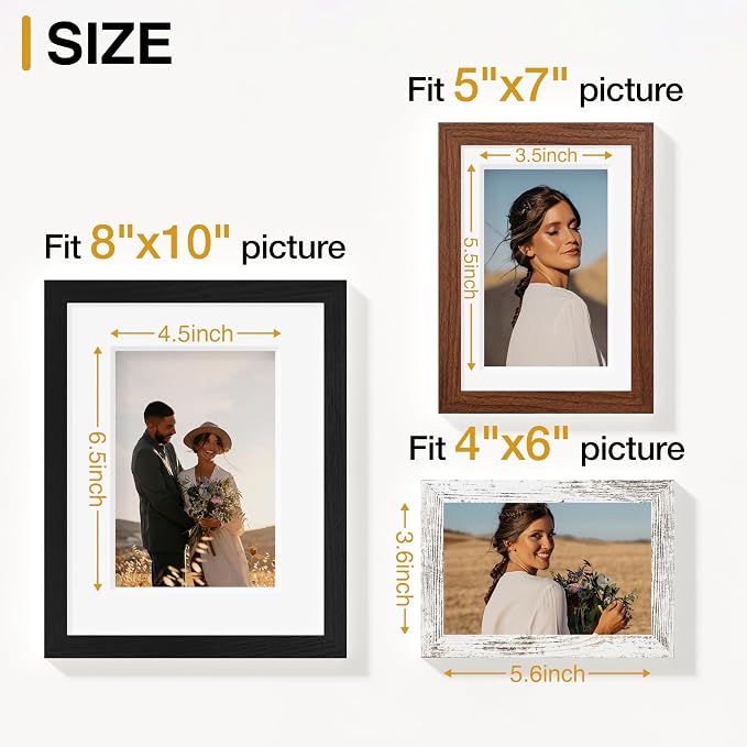 Vittanly 15 Pack Picture Frame Set, Black, Walnut Brown, Distressed White | Picture Frames Collage Wall Decor: 3pcs 8x10, 6pcs 5x7, 6pcs 4x6. Gallery Wall Frame Set for Wall or Tabletop Display