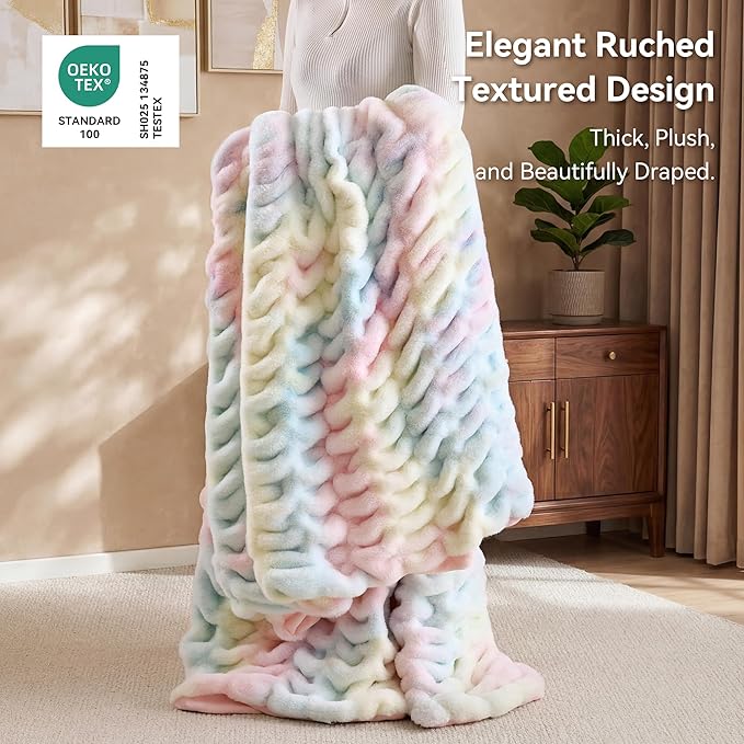 Rainbow Fluffy Blanket for Couch - Luxury Faux Rabbit Fur 50"x60" | Ultra Soft & Plush Comfort Ruched Blanket, Cozy Fuzzy Colorful Throw for Sofa & Bed, Great Gift for Women, Rainbow Room Decor
