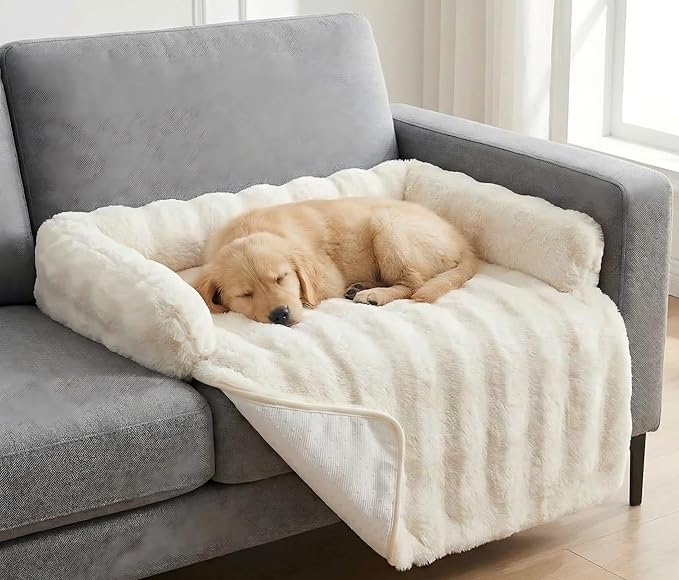 Calming Dog Bed for Couch, 29.5 x 29.5 inch, Dog Sofa Mat, Machine Washable | 3-Sided Bolster, Faux Rabbit Fur Plush, Non Slip Bottom, Water Resistant Furniture Protector for Small Medium Dogs & Cats