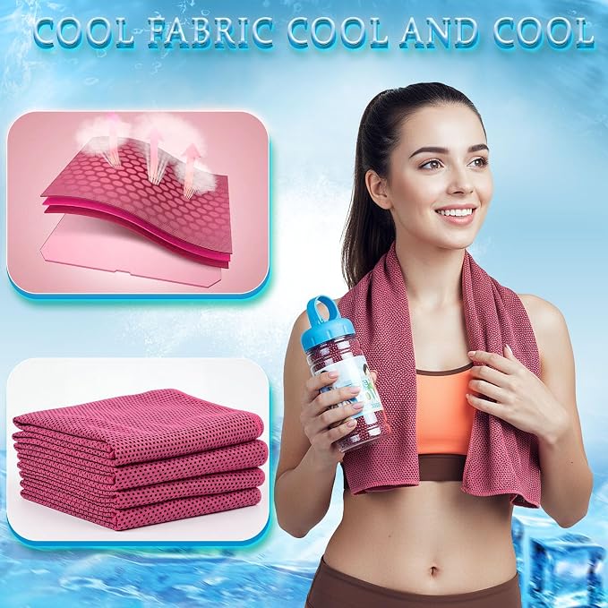 Honoson 10 Pcs Cooling Towels for Neck and Face, 47"x12" Sports Breathable Ice Towels Microfiber Chilly Sweat Rags with Portable Bottle for Gym Golf Athletes Yoga Workout Hot Weather (Rose Red)