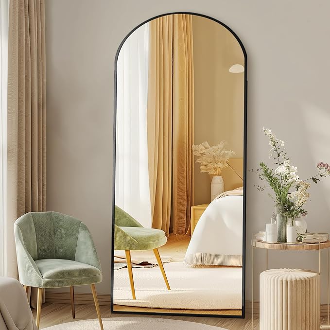 DUMOS 64"x21" Arched Full Length Mirror with Stand, Full Body Floor Mirror | Free Standing or Wall Mount, Nano Glass Aluminum Frame, Hanging or Leaning, Modern Simple Home Decor, Black