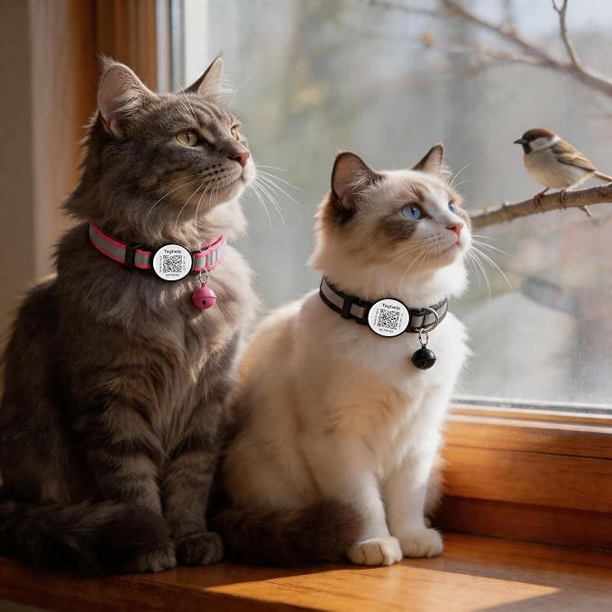 2 Pack QR Code Cat Collar for Lost Cat Recovery, Breakaway Reflective Collar with Bell & Instant Online ID, Adjustable 7.5-12.5 Inch for Peace of Mind (Black & Rose Red)