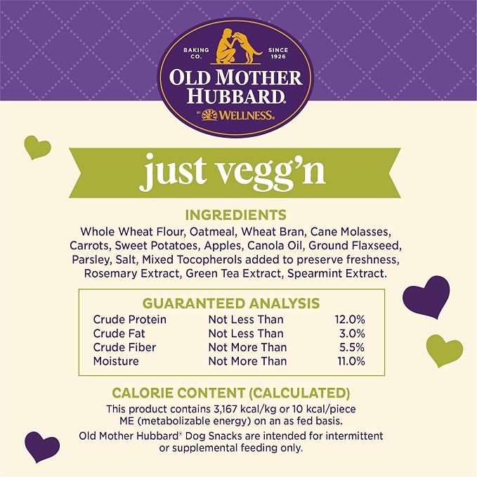 Old Mother Hubbard Wellness Classic Just Vegg'n Dog Biscuits, Natural Training Treats, Sweet Potato, Oats, Apple and Carrot Flavor, Mini Size, 20 oz Bag, (Pack of 2)