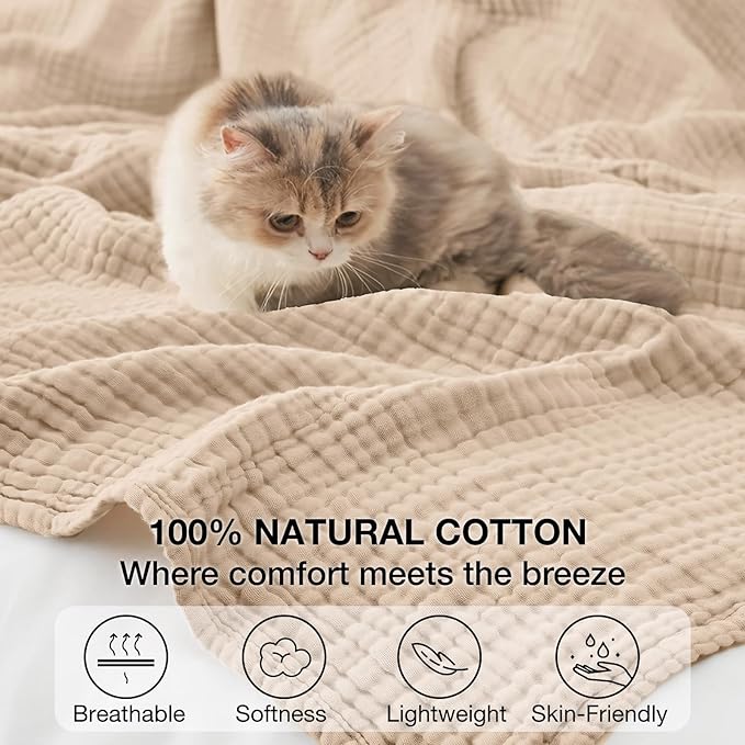 100% Cotton Muslin Blanket 40" x 40", Breathable and Lightweight Cotton Throw Blankets, Soft Cooling Summer Gauze Blanket for All Season, Beige