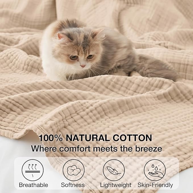 100% Cotton King Size Blankets for Bed 108" x 90", 6 Layers Cooling and Soft Muslin Throw Blanket, Lightweight Quilt Bedspread Coverlet, Gauze Blanket for Adults All Season, Linen Beige