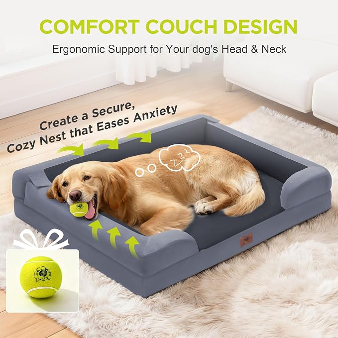 Waterproof Orthopedic Dog Bed for Extra Large Sized Dogs | Memory Foam Pet Bed Sofa with Bolster, Dog Couch with Washable Cover & Non-Slip Bottom, 42x30 Inch, Dark Grey